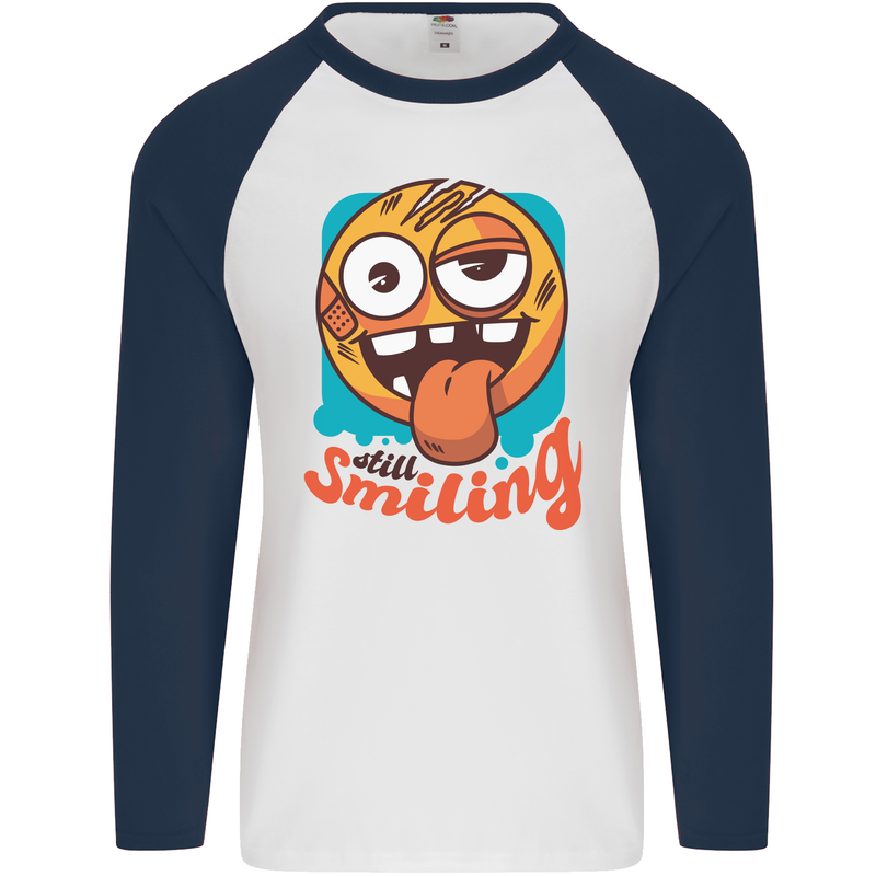 Still Smiling Funny Emoji Exhausted Tired Mens L/S Baseball T-Shirt White/Navy Blue