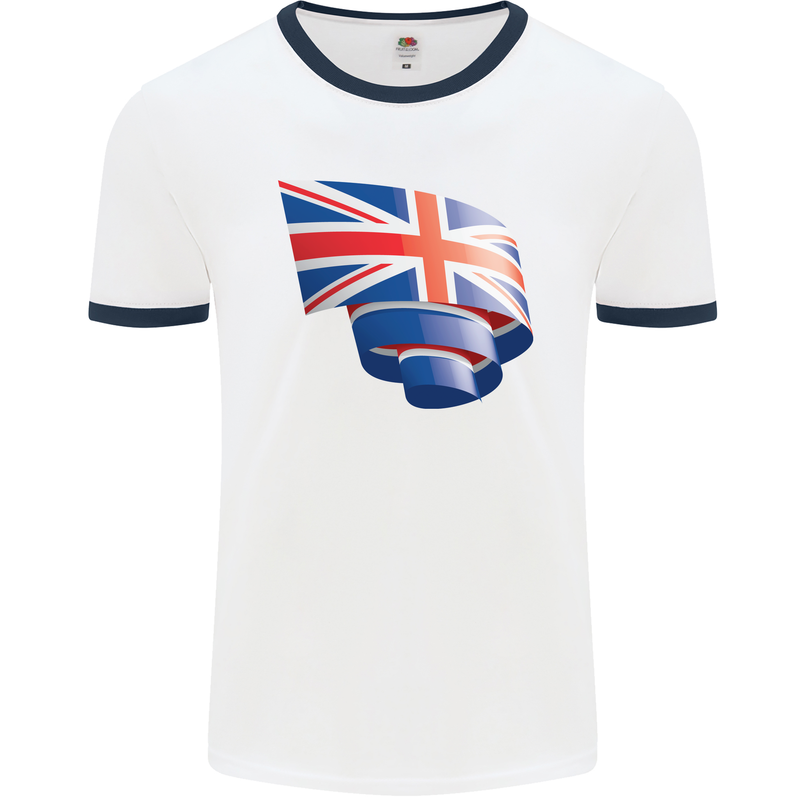 Curled British Flag Union Jack Britain Mens Ringer T-Shirt White/Navy Blue