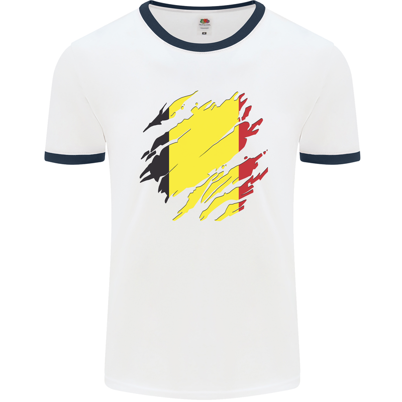 Torn Belgium Flag Belgian Day Football Mens Ringer T-Shirt White/Navy Blue