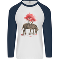 Zebra and Tree Watercolour Mens L/S Baseball T-Shirt White/Navy Blue