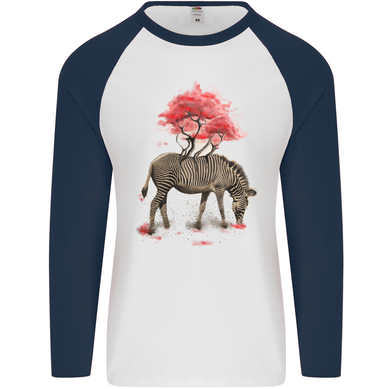 Zebra and Tree Watercolour Mens L/S Baseball T-Shirt White/Navy Blue