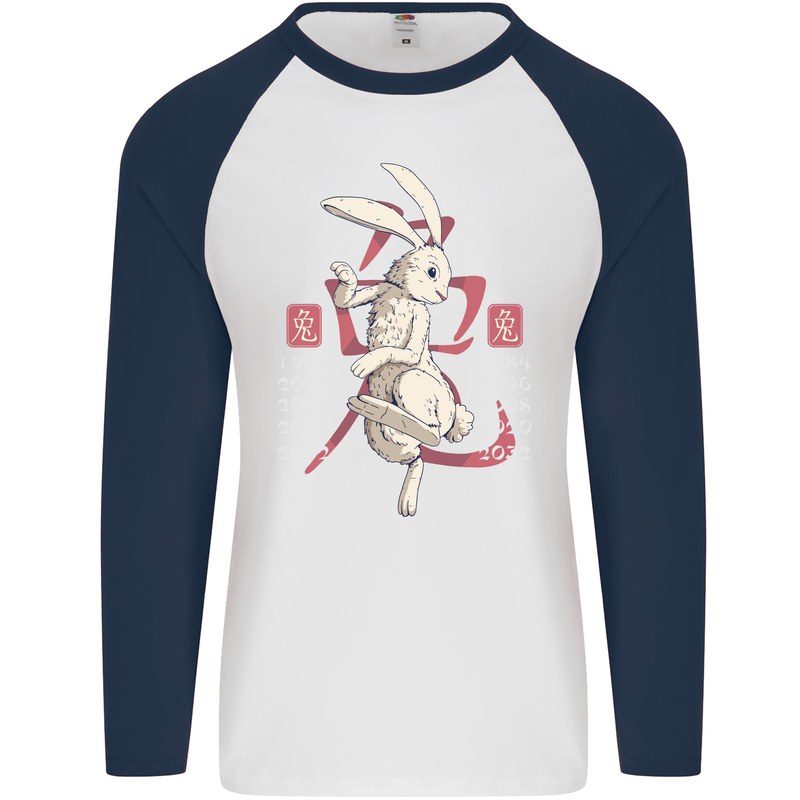 Chinese Zodiac Shengxiao Year of the Rabbit Mens L/S Baseball T-Shirt White/Navy Blue