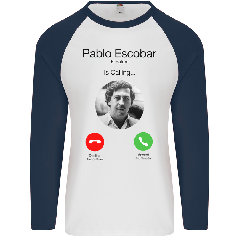 Pablo Escobar El Patron Is Calling Mens L/S Baseball T-Shirt White/Navy Blue