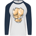 Gym Ripped Muscles Effect Mens L/S Baseball T-Shirt White/Navy Blue