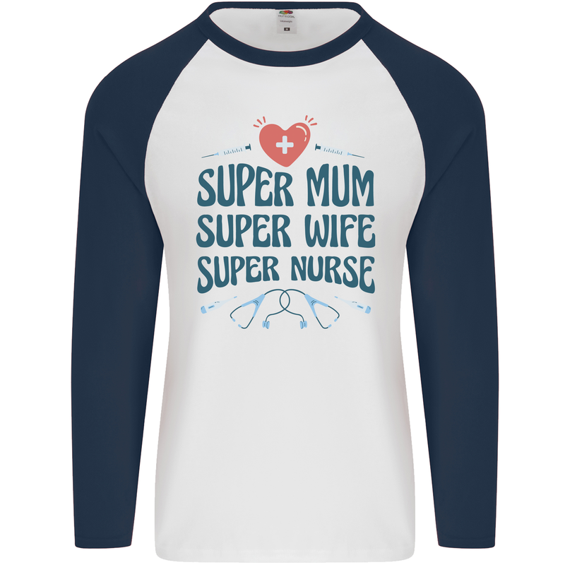 Super Mum Wife Nurse Mothers Day Gift Mens L/S Baseball T-Shirt White/Navy Blue