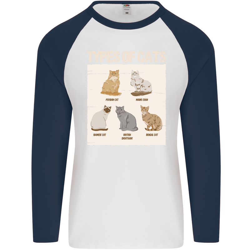 Types of Cat Persian Siamese British Bengal Mens L/S Baseball T-Shirt White/Navy Blue