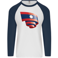 Curled Laos Flag Laotian Day Football Mens L/S Baseball T-Shirt White/Navy Blue