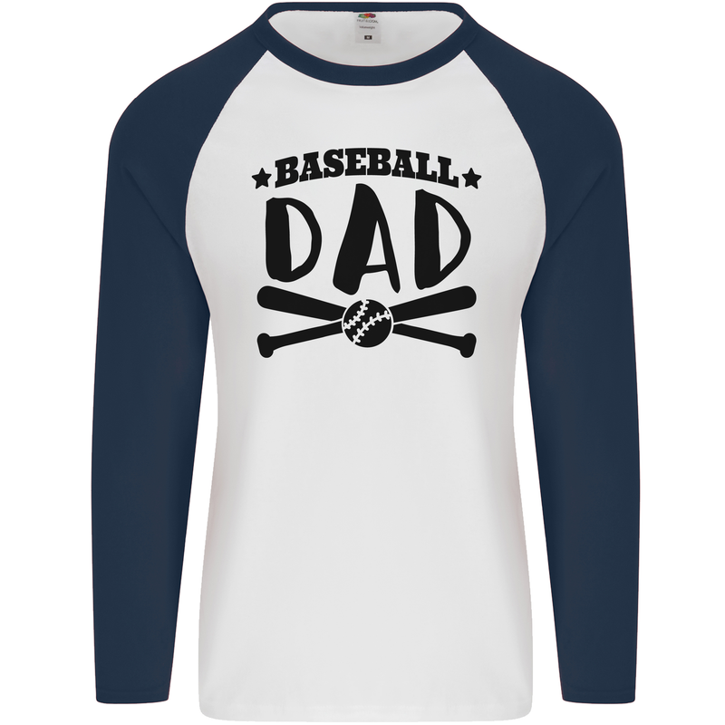 Fathers Day Baseball Dad Funny Mens L/S Baseball T-Shirt White/Navy Blue