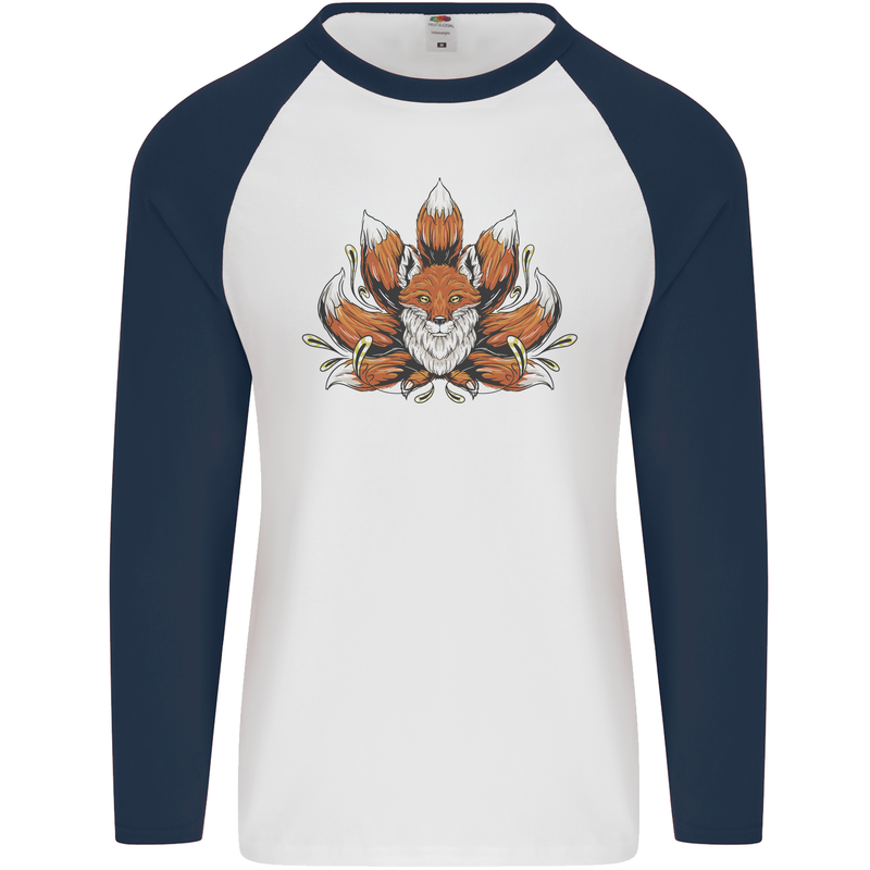 A Trippy Fox With Seven Tails Mens L/S Baseball T-Shirt White/Navy Blue
