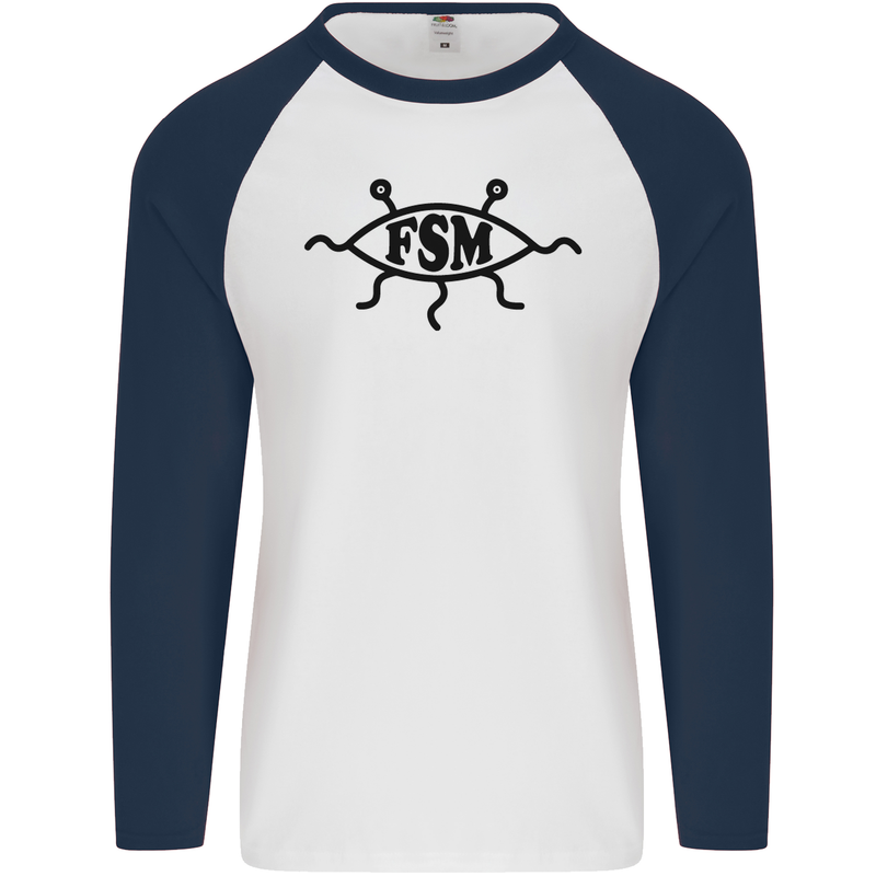 FSM Church Flying Spagetti Monster Atheist Mens L/S Baseball T-Shirt White/Navy Blue