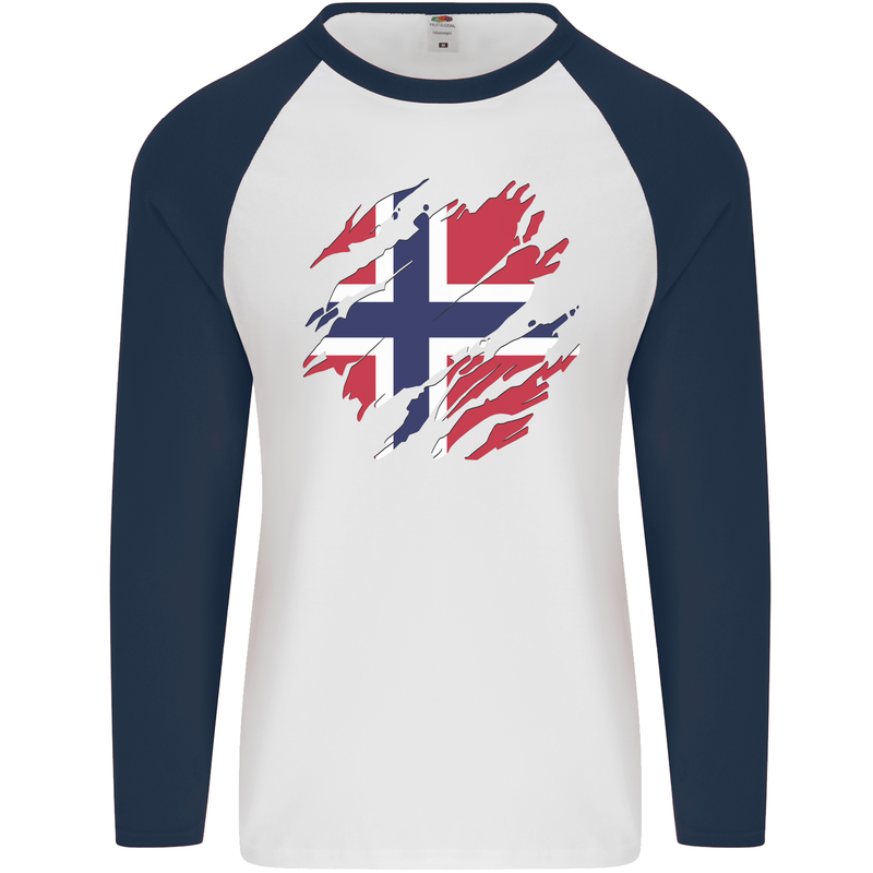 Torn Norway Flag Norwegian Day Football Mens L/S Baseball T-Shirt White/Navy Blue