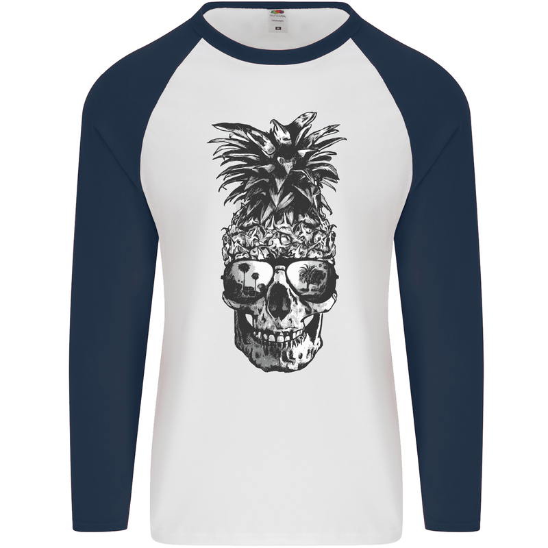 Pineapple Skull Surf Surfing Surfer Holiday Mens L/S Baseball T-Shirt White/Navy Blue