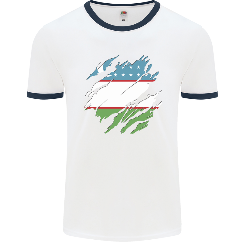 Torn Uzbekistan Flag Ukbek Day Football Mens Ringer T-Shirt White/Navy Blue