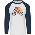 Cycling Sleeping Sloth Bicycle Cyclist Mens L/S Baseball T-Shirt White/Navy Blue