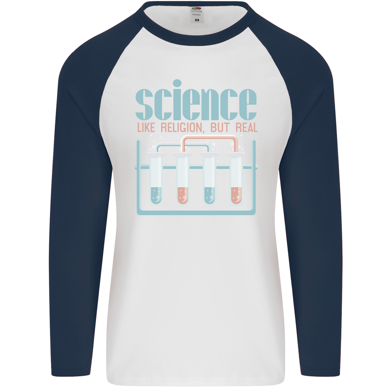 Science Like Religion Atheist Atheism Evolution Mens L/S Baseball T-Shirt White/Navy Blue