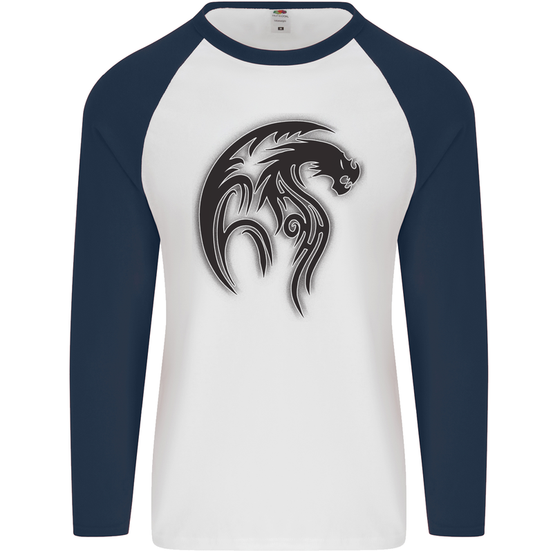 Black Tribal Tattoo Style Dragon Mens L/S Baseball T-Shirt White/Navy Blue