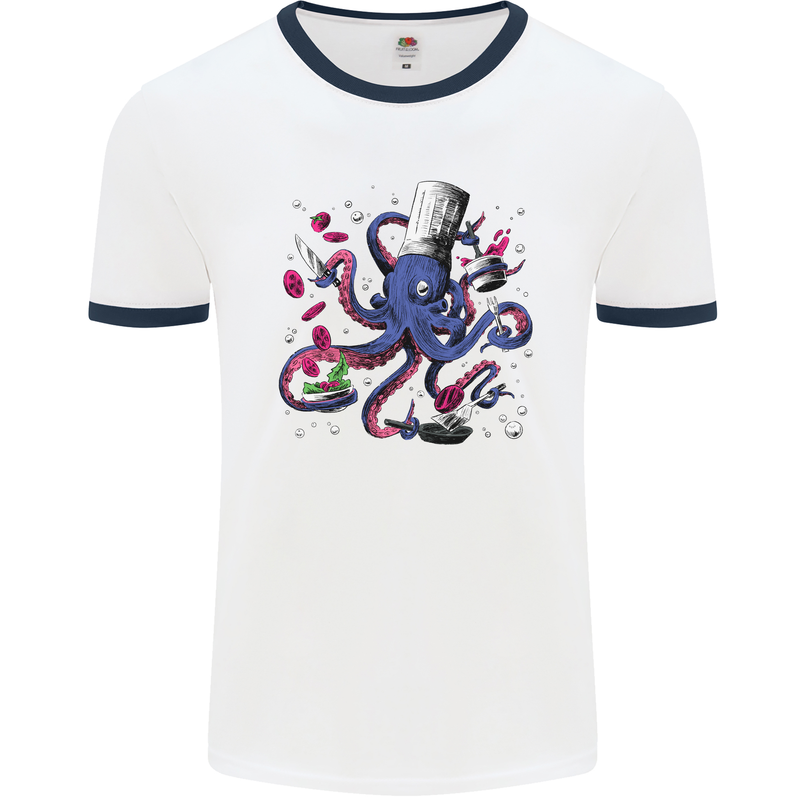 Octo Chef Funny Octopus Cook Cooking Mens Ringer T-Shirt White/Navy Blue
