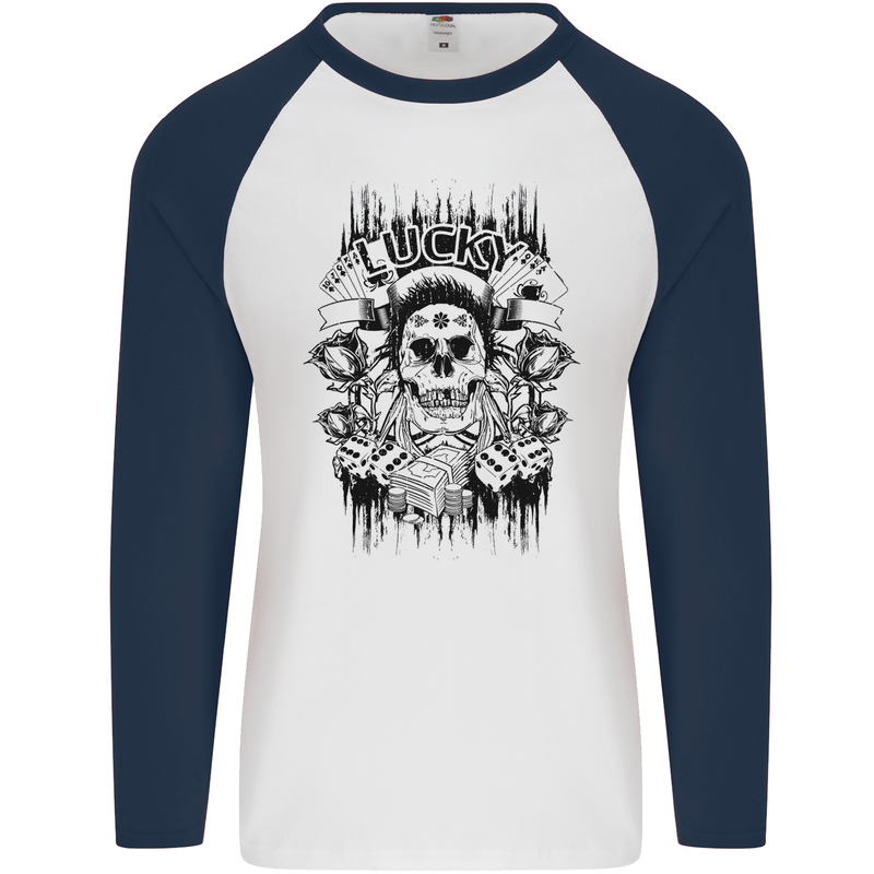 Lucky Dice Skull Motorbike Biker Motorcycle Mens L/S Baseball T-Shirt White/Navy Blue