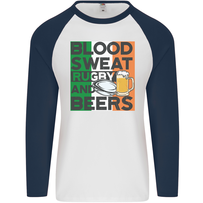 Blood Sweat Rugby and Beers Ireland Funny Mens L/S Baseball T-Shirt White/Navy Blue