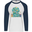 Dinosaur Triceratops Funny Christmas Tree Mens L/S Baseball T-Shirt White/Navy Blue