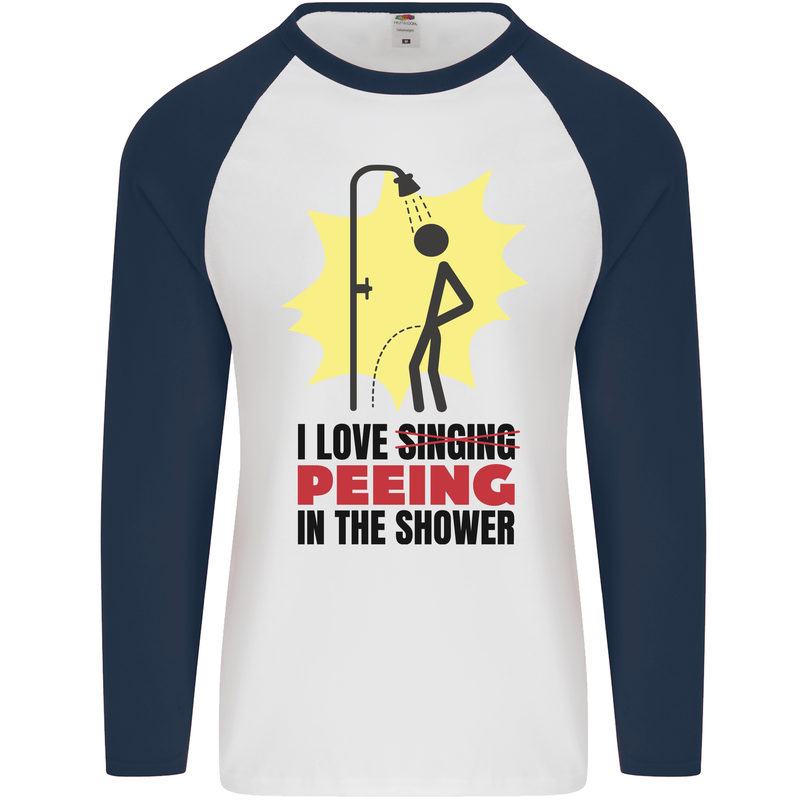 I Love Peeing in the Shower Funny Rude Mens L/S Baseball T-Shirt White/Navy Blue