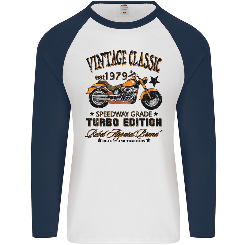 Vintage Classic Motorcycle Motorbike Biker Mens L/S Baseball T-Shirt White/Navy Blue