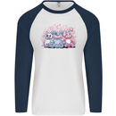 Zombie Cat Rabbit Bear Halloween Gothic Mens L/S Baseball T-Shirt White/Navy Blue