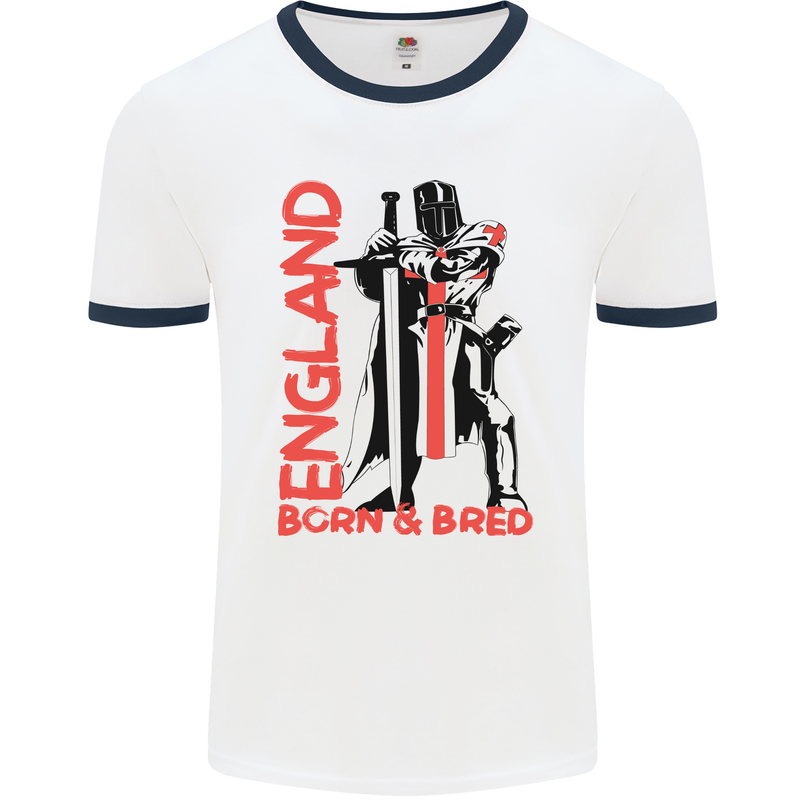 Born & Bred England St Georges Day Mens Ringer T-Shirt White/Navy Blue