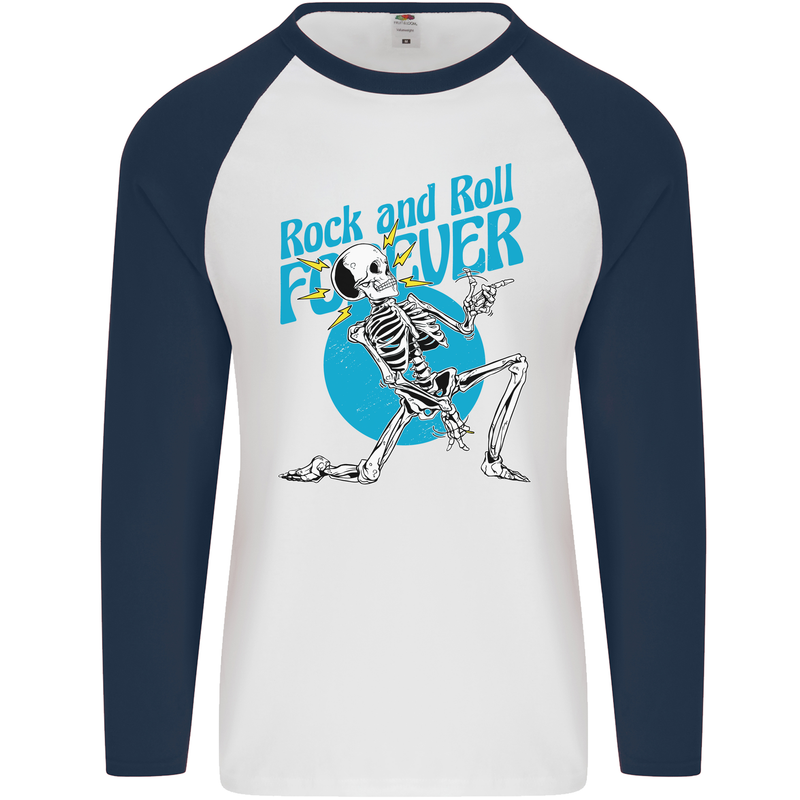 Rock & Roll Forever Air Guitar Skeleton Skull Mens L/S Baseball T-Shirt White/Navy Blue