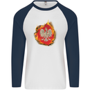 The of Polish Flag Fire Effect Poland Mens L/S Baseball T-Shirt White/Navy Blue