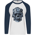 Speaker Skull Music Hi-Fi Mens L/S Baseball T-Shirt White/Navy Blue