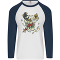 Broken Skull With Roses & Raven Mens L/S Baseball T-Shirt White/Navy Blue