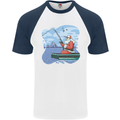 Santa Claus Fishing on a Pier Christmas Mens S/S Baseball T-Shirt White/Navy Blue