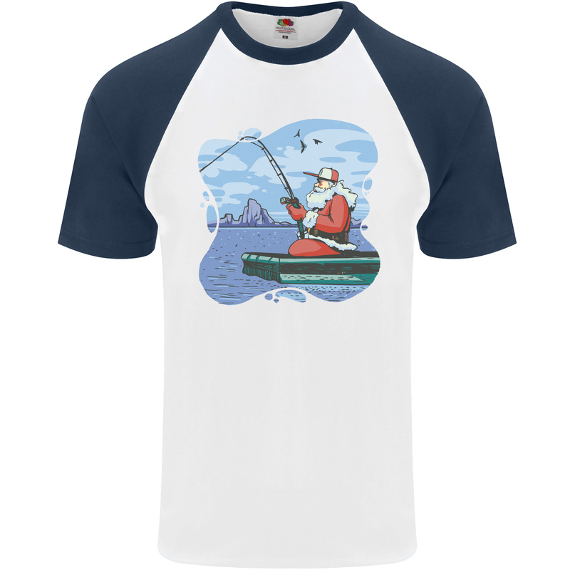 Santa Claus Fishing on a Pier Christmas Mens S/S Baseball T-Shirt White/Navy Blue