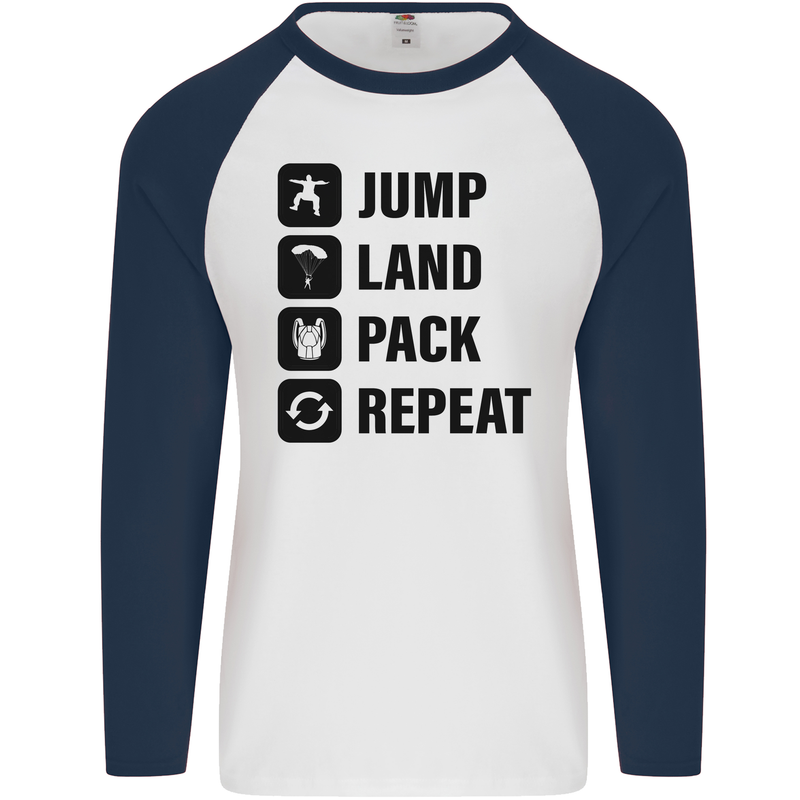 Skydiving Jump Land Pack Funny Skydiver Mens L/S Baseball T-Shirt White/Navy Blue