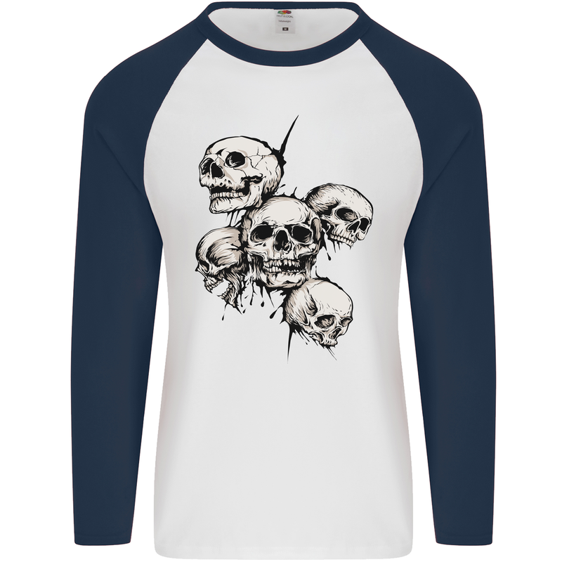 5 Skulls Demons Biker Gothic Heavy Metal Mens L/S Baseball T-Shirt White/Navy Blue