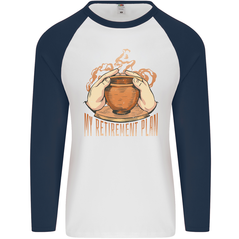 Pottery Retirement Plan Funny Mens L/S Baseball T-Shirt White/Navy Blue