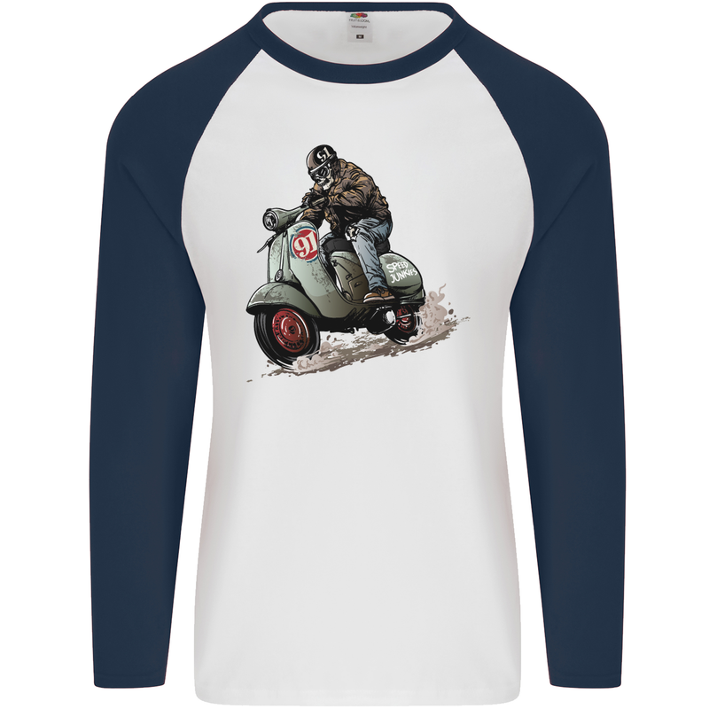 Scooter Skull MOD Moped Motorcycle Biker Mens L/S Baseball T-Shirt White/Navy Blue