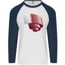 Curled Qatar Flag Qatari Day Football Mens L/S Baseball T-Shirt White/Navy Blue