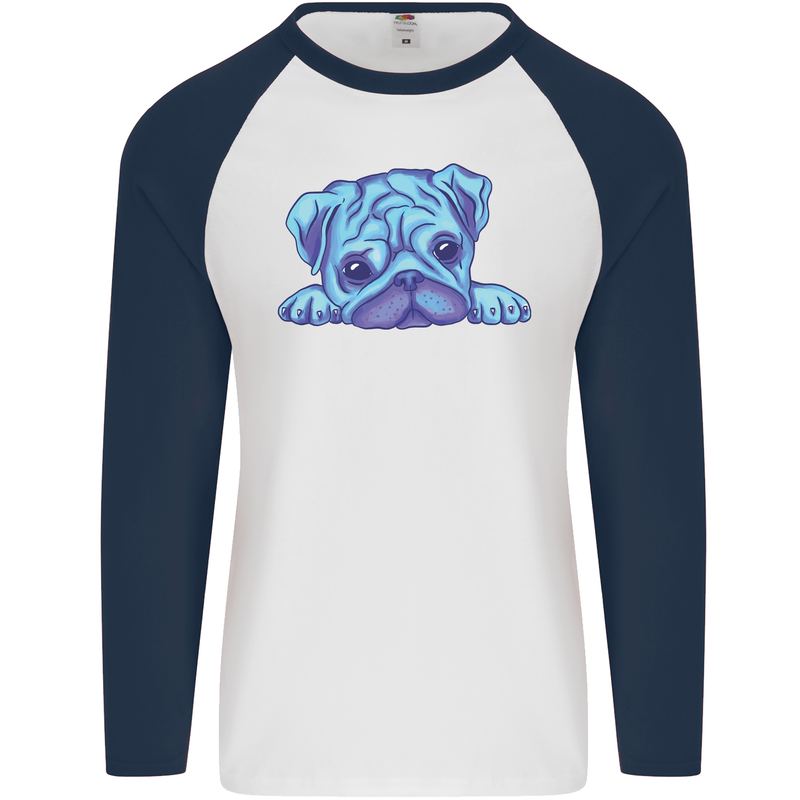 A Blue Watercolour Pug Mens L/S Baseball T-Shirt White/Navy Blue