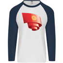 Curled Kyrgyzstan Flag Kyrgyz Day Football Mens L/S Baseball T-Shirt White/Navy Blue