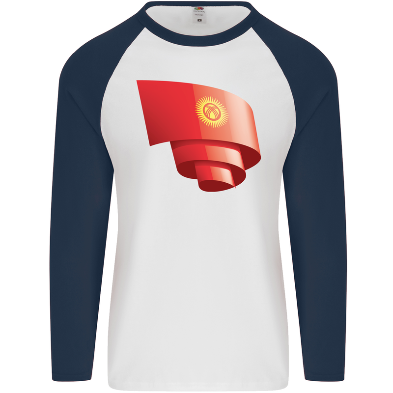 Curled Kyrgyzstan Flag Kyrgyz Day Football Mens L/S Baseball T-Shirt White/Navy Blue