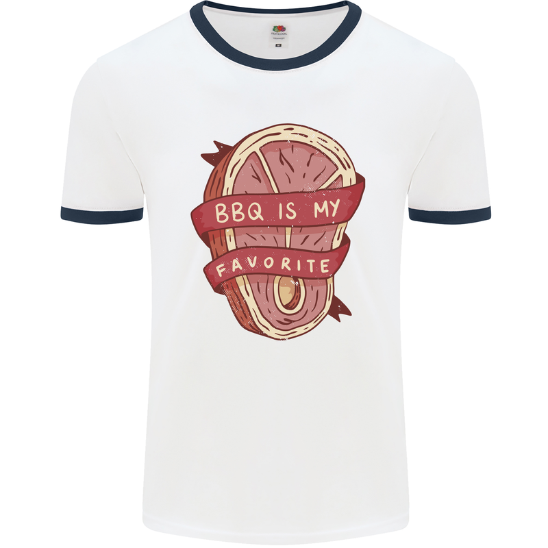 BBQ is My Favourite Funny Steak Grill Braai Mens Ringer T-Shirt White/Navy Blue