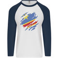 Torn DR Congo Flag Congolese Day Football Mens L/S Baseball T-Shirt White/Navy Blue