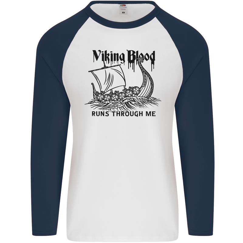 Viking Blood Runs Through Me Ship Sailing Mens L/S Baseball T-Shirt White/Navy Blue