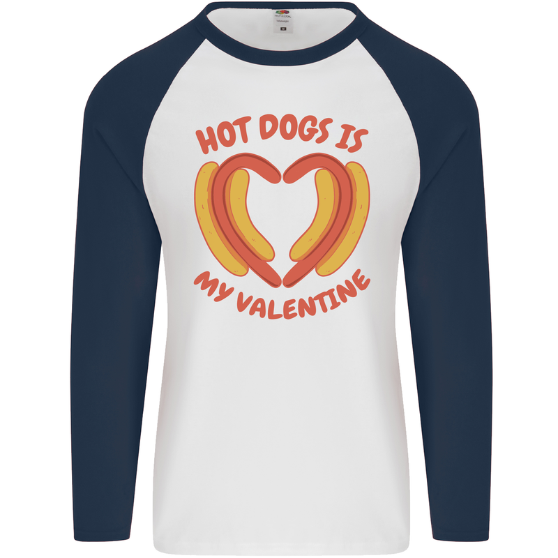 Hot Dog Anti Valentines Day Single Funny Mens L/S Baseball T-Shirt White/Navy Blue