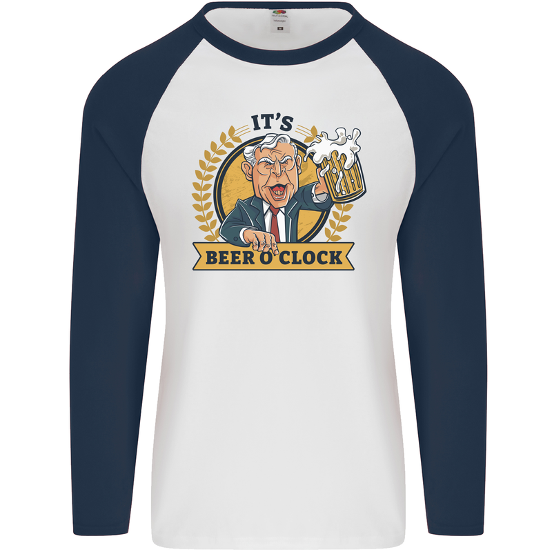 It's Beer O'Clock Funny Alcohol Mens L/S Baseball T-Shirt White/Navy Blue