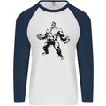 Muscle Man Gym Training Top Bodybuilding Mens L/S Baseball T-Shirt White/Navy Blue