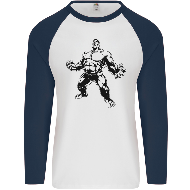 Muscle Man Gym Training Top Bodybuilding Mens L/S Baseball T-Shirt White/Navy Blue