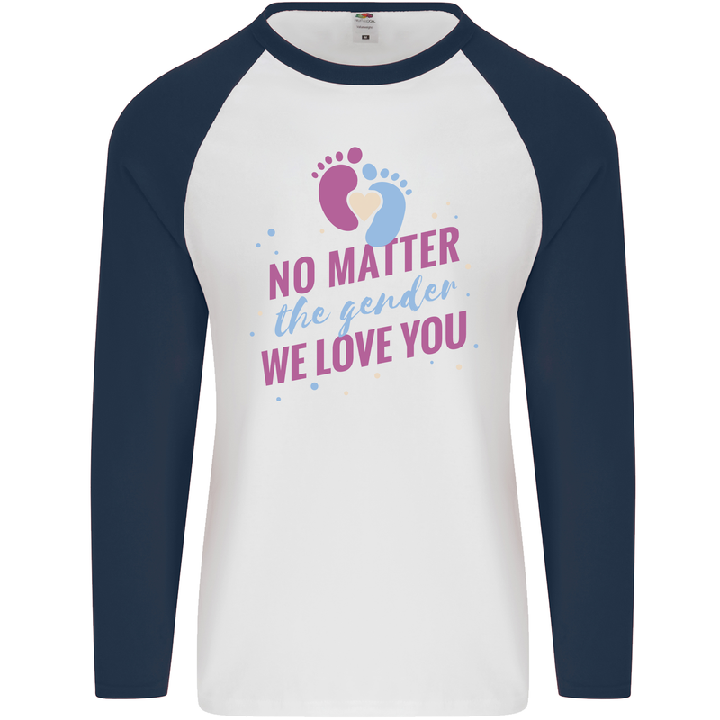 No Matter the Gender New Baby Pregnancy Pregnant Mens L/S Baseball T-Shirt White/Navy Blue